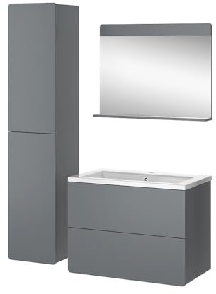 Vicco Badmöbel-Set Grau Izan, bestehend aus Waschbecken, Waschtischunterschrank, Spiegelschrank, Hängeschrank - Mehr Stauraum ohne Bodenfläche zu nutzen