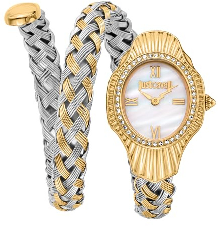 Just Cavalli Damenuhr, goldfarbenes Gehäuse, weißes MOP-Zifferblatt, zweifarbiges silber- und goldfarbenes Metallarmband, 2 Zeiger, 3 ATM