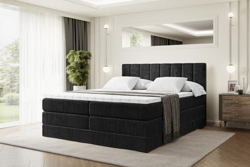 ALTDECOR Boxspringbett mit Matratze und Lattenrost, Topper, Polsterbett mit Bettkasten, Bett mit Stauraum H3- und H4- Matratze, Doppelbett, Springboxbett - OTTA King - 200x200 - Schwarz Samt