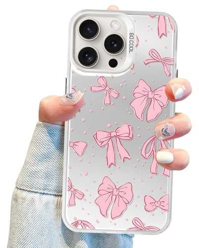 Jusy Coquette Bow Phone Case for iPhone 15 Pro Max, Cute Pink Ribbon Bow Aesthetic Case for Women Girls - Pink