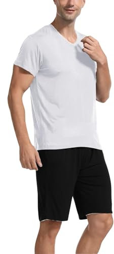 Beokeuioe Herren Pyjama Baumwolle Schlafanzug Kurz V-Ausschnitt Nightwear Nachtwäsche Pyjamaset Kurzarm T-Shirt Schlafanzughose Shorty Sleepwear Loungewear Hausanzug