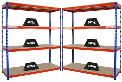 PROREGAL Mega Deal 2X Profi Schwerlastregal Bison, HxBxT 200x180x60cm mit Fachlast 600kg, 4 Fachböden, Blau-Orange, Steckregal Garagenregal Lagerregal Werkstattregal Weitspannregal