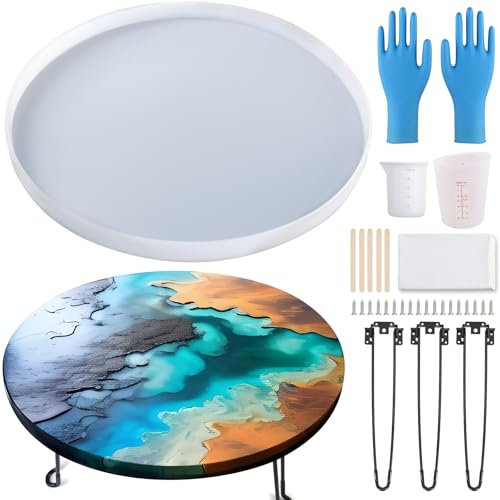 Harz-Tischformen, 61 x 6 cm, extra groß, runde Silikonformen für Epoxid-Tischplatte mit 3 Tischbeinen, für Flusstisch, Couchtisch, Schneidebrett, DIY-Harzkunst, Heimdekoration