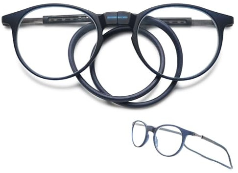 KOOSUFA Runde Magnetische Lesebrille mit Magnetverschluss Clip Herren Damen Leicht TR90 Faltbare Lesehilfe Arbeitsplatzbrille mit Einziehbare Brillenbügel, zum Aufhängen am Hals Blau 2.25