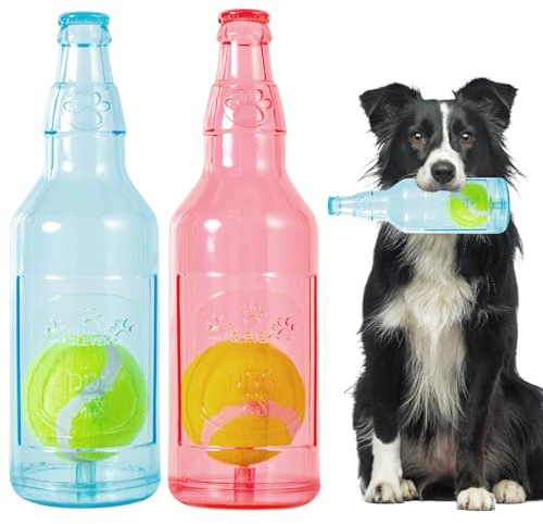 YOOGAO Pet Juguete para perro, juguete chirriante para perro, juguete flotante para perros, juguete interactivo para jugar y entrenar, forma de botella con pelota de tenis en el interior (juego de dos