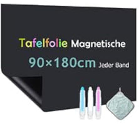 Warasee Tafelfolie Magnetisch Selbstklebend, 90 * 180cm Magnetfolie Selbstklebend Schwarz, Abwischbar Kreidefolie, Magnettafel für glatten Oberflächen in Schule Büro Haus, mit Kreidemarkern & Tuche