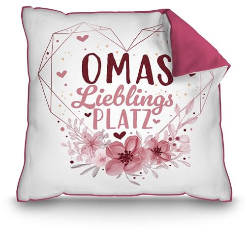 PR Print Royal Kissen für Oma - Omas Lieblingsplatz - Persönliches Geschenk für Oma zum Geburtstag, Muttertagsgeschenk | inkl. Füllung, 40 x 40 cm, Rückseite Pink