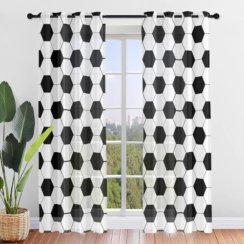 Odot 2er Set Sheer Voile Vorhang mit Ösen, Fußball-Druck Halbtransparent Gardinen Modern Ösenschal Sonnenlichtfilterung für Wohnzimmer Schlafzimmer Kinderzimmer (80x115cm,Schwarz Weiß)