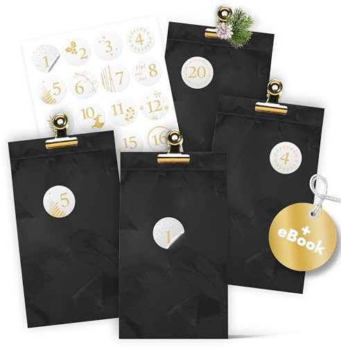 AMARI ® Adventskalender zum Befüllen - 24 Papier Adventstüten (mit Metallklammern) zum Basteln für Weihnachten - Papier Weihnachtstüten mit Zahlenaufkleber