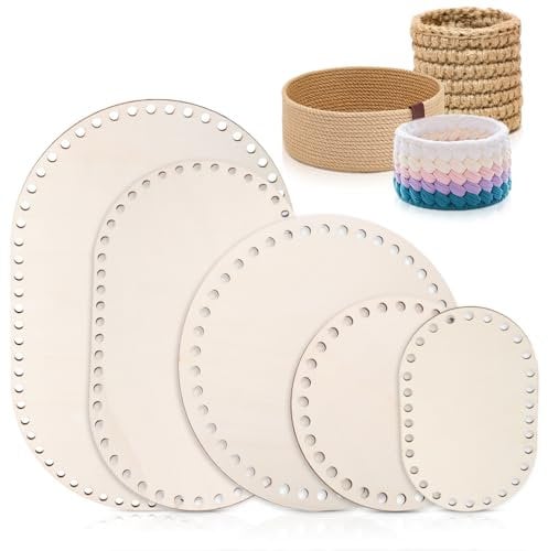 YUFFQOPC 5 Stück Korbboden zum Häkeln, Korbboden Aus Holz, DIY Korbboden Set, Naturholzkorbboden, Ovaler/Rund holzboden zum häkeln für DIY Korbflechten Liefert Basteln 15/20/25/30cm