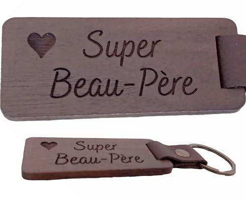 Cadeau Beau Père Porte Clés en Bois de Noyer Cuir et Laiton Porte Clé Personnalisé aspect naturel et chaleureux porte clef original