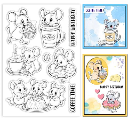 GLOBLELAND Klare Stempel Mit Maus Und Dessert Für Scrapbooking. Happy Birthday Stempel. Transparenter Tier Silikonstempel Für Die Kartengestaltung DIY Prägung Journaling