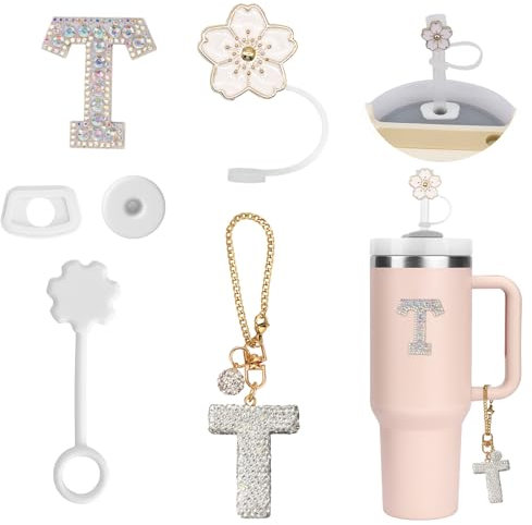6PCS Personalisierte Tumbler Zubehör für Stanley Cup,Stroh Cover,Initialen Dekorationen für Tumbler,Buchstaben Aufkleber,Buchstaben Charm und Leck Stopper für Stanley Cup (T)