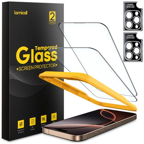 Lamicall 2+2 for iPhone 16 Pro Screen Protector (6.3) with Camera Lens Protector, [No Screen Obstruction], Top 9H Tempered Glass Film, Easy Alignment, Anti-Scratch, 0 Bubbles, HD Clear - [2-Pack]