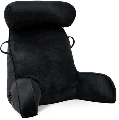 GKXLH Lesekissen - Samt Lesekissen zum Sitzen im Bett Erwachsene, Rückenkissen für Bett Sitzen mit rundem Kissen, Rücken-Armstütze, Bettruhekissen mit Arm & Tasche & waschbarem Bezug (Schwarz)