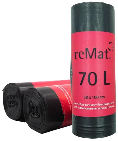 reMat Bin Bags 70 L, Made from 100% Post-Consumer Recycled Material (PCR), 30 Bin Liners, Tear-Resistant, Odourless, Ideal for Residual Waste or Recycling