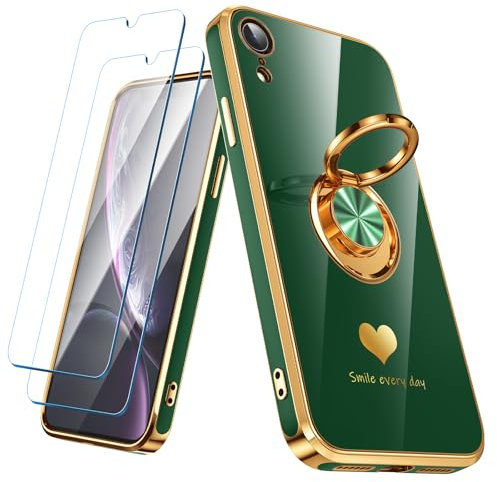 Nonional Compatible for iPhone XR Case with 2 Pack Screen Protector, 360° Rotatable Ring Holder [Luxury Hearts Pattern] Plating Gold Edge Slim Soft Phone Cover Case for iPhone XR - Green