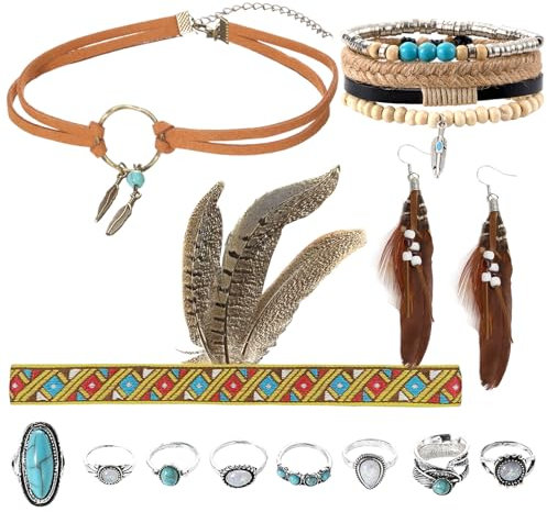 Indian Boho Karneval Accessoires, 12 Stück Indianer Schmuck Indianer Feder Stirnband Ohrringe, Boho Choker Halskette Armband, Türkis Ringe Indianerschmuck Damen, Indianer Kopfschmuck Fasching