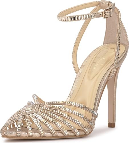 Jessica Simpson Women's Paveri Strappy Caged Heeled Pump, Champagne Shimmer, 11