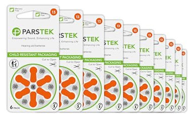 ParsTek Hearing Aid Batteries | Size 13 | Zinc-Air & Mercury Free | Long Lasting | Child Resistant Packaging | 1.45V | 60 Batteries