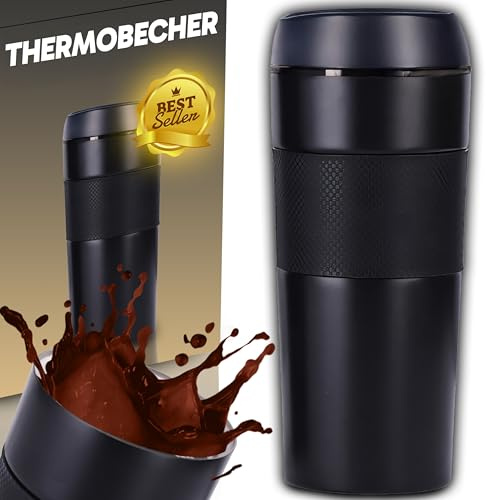 Retoo Thermos Flask, Insulated Mug, Drinking Bottle, Coffee Mug, 400 ml, Travel Mug, Keeps Drinks Cold for 12 Hours / 24 Hours, Leak-Proof, Non-Slip Coating, Stainless Steel, Black