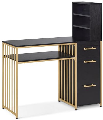 M MCombo Schreibtisch mit 3 Schubladen, Nageltisch aus Holz Metallgestell, Manikürtisch, Schminktisch ohne Spiegel Modern, Computertisch mit Regal Wohnzimmer, 43x108x125cm, 2420