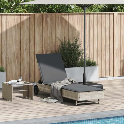 Myheimly Sonnenliege mit Rollen und Auflage Hellgrau Poly Rattan, Sonnenbett, Liege, Outdoor Chaiselongue, Gartenliege, Outdoor-Liege