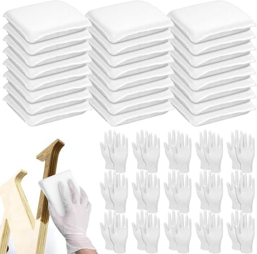 24 Pack Wood Polish Pads with 24 Pairs Disposable Latex Gloves, Microfiber Applicator Sponge Pads for Wood Staining and Furniture Oil-Based Refinishing - White