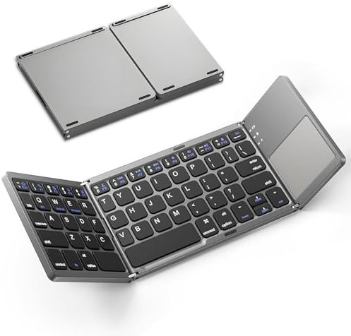 KUNSI Foldable Bluetooth Keyboard with Touchpad, Ultra Slim Portable Wireless Keyboard with Rechargeable Battery for Android Windows iOS Tablets Laptop-Space Gray