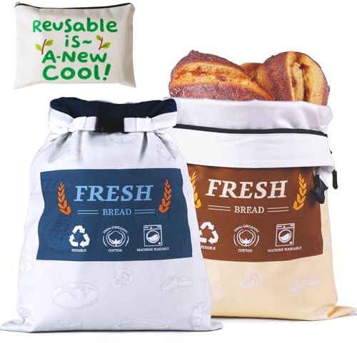 BNUNWISH Reusable Cotton Bread Bags for Homemade Loaf set of 2, Freezer Cotton Sourdough Storage Bag with TPU Cloth Lining, XL Size -13 * 17IN