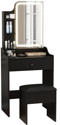 Dressing Table with LED Lights, Vanity Desk with 3-Color Mirror and 1 Big Drawers, Makeup Desk with Cushioned Storage Stool for Bedroom Dressing Room (Black)