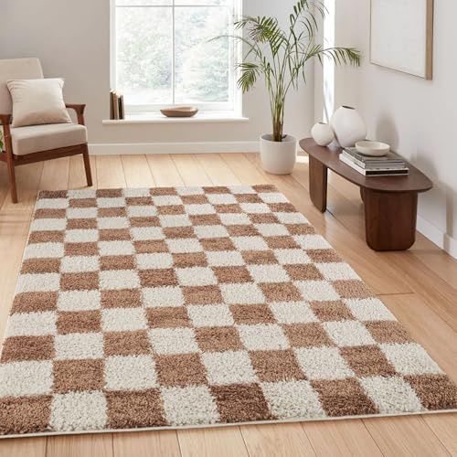 Chester Living Room Shaggy Area Rug Modern - Contemporary Checkered Design 30mm Plush Pile Jute Backing Soft Woven Carpet -Hallway Runner Indoor Rug, Terracotta, 200x290 cm