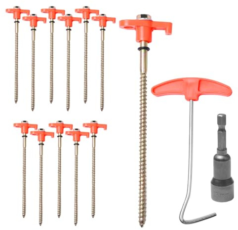 SDLDEER 12 Pack Tent Pegs, 20cm Heavy Duty Metal Awning Pegs with Thread, Includes Drill Adapter & Nail Puller, Ground Pegs Camping Pegs for Camping Hiking Canopies Outdoor