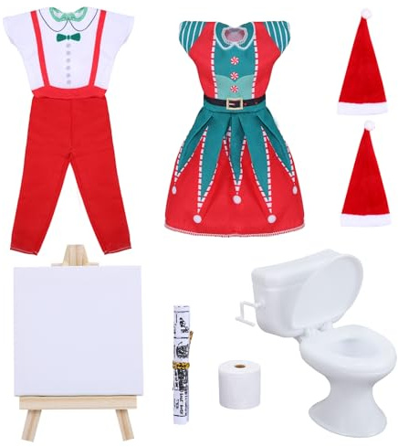 Wichtel Kleidung, Puppenhaus Zubehör, Puppenkleidung Zubehör, Puppe Weihnachten Kleidung, Wichtel Zubehör Kommt mit Mini-Toilette, Weihnachtsmütze, Zeitung, Toilettenpapierrolle, Staffelei (B)
