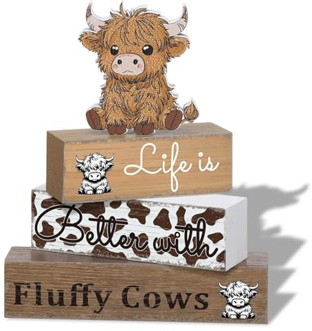 Komergave 4 Stück Highland Cow Deko Set, Home Decor, Holz Wohnzimmer Deko mit Hochlandrind Motiv, Stylische Dekoartikel für Wohnraum, Schlafzimmer, Badezimmer, Geschenkideen