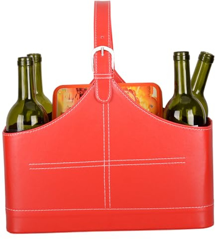 Panier en cuir porte-revues en cuir rouge avec poignée supérieure pour fleurs de vin Fruits bonbons journal affichage de noël