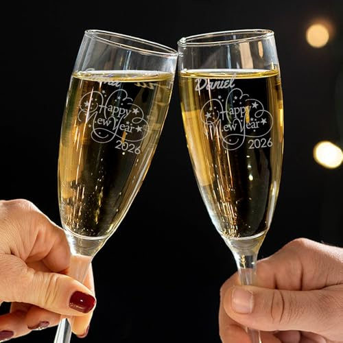 Wanapix | Pack 2 Flûtes à Champagne Personnalisés | Coupes de Champagne avec Gravure | Fêtes/Anniversaire/New Year | Verres à Champagne | Verre 20cl | Happy New Year