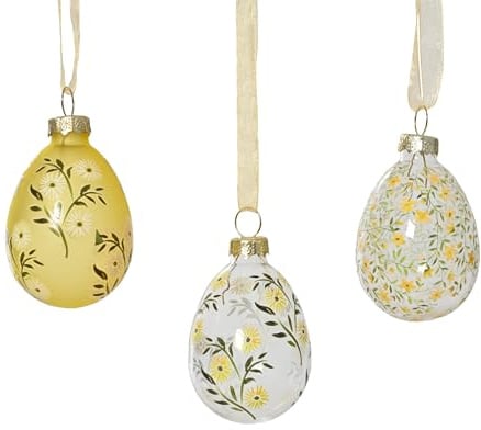 Osterei zum Aufhängen 4x6cm Glas 1 Stück Sortiert - mit Blumenmotiv und Aufhänger - Deko Eier für Ostern Frühling - Glaseier Osterdeko Hängedeko Frühlingsdeko - Gelb Grün Transparent