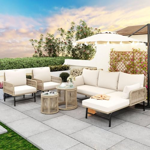 Salon de jardin 6 pièces en rotin tressé à la main - Modulable avec 2 sièges à deux places + 2 fauteuils + 2 tables en verre - Rembourrage de 8 cm - Housses lavables - Emballage à plat - 3 cartons