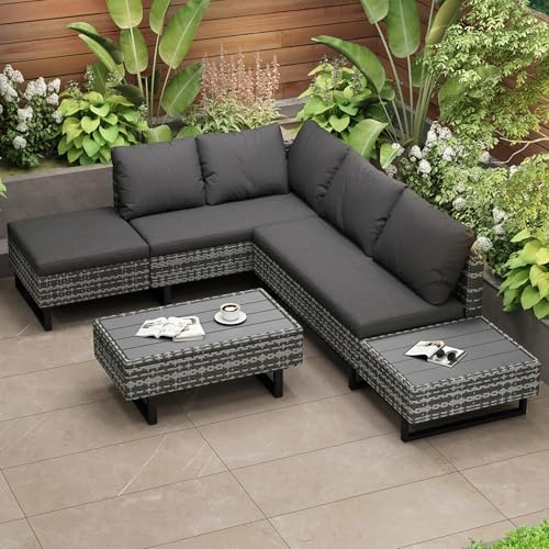 BTM Poly-Rattan-Garnitur, Gartengarnitur Sitzgruppe Sofa Lounge,Gartenlounge für 4-5 Personen, Lounge mit Ecksofa, Tisch & Auflagen, Abnehmbarer und waschbarer Stoffbezug,Grau