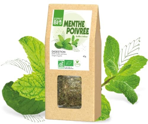 ESPRIT BIO Menthe Poivrée, 100% Feuilles Séchées - Digestion - Vrac - 40g | Confort Digestif, Régulation du Transit Intestinal, Sensation de Légereté, Origine Egypte