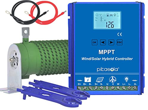 PIKASOLA Contrôleur Solaire Hybride 1400 W Hors réseau avec déchargeur - Batterie 12/24 V MPPT - Flotteur de Charge maximale de 800 W - Générateur d'éolienne - Panneau Solaire de 600 W - Contrôleur