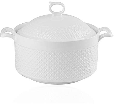 Double Handle Lid Pure White Ceramic Tureen Soup Ceramic Round White Dish Casserole/Clay Pot/Earthen Pot/Ceramic Cookware with White Lid Heat-Resistant for Gift Box (8 inches)