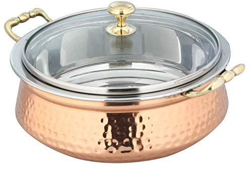Beautiful Steel Copper Casserole Dish Serving Royal Handi Stylish Glass Lid with Handle 7 Inches Approx