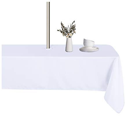 Lushvida Rechteckige Outdoor-Tischdecke mit Schirmloch und Reißverschluss, 152,4 x 304,8 cm, waschbar, wasserdicht, auslaufsicher, knitterfrei, für Terrasse, Sommer, Picknicks, Grillabende, weiß