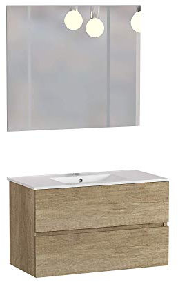 Baikal, Conjunto de baño Natura. Mueble de Baño de Fondo Reducido, con Lavabo cerámico. Distribución Dos Cajones. Mueble MONTADO. Dos Cajones con Espejo. Fondo 36cm 80 cm Nature