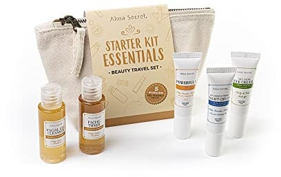 Alma Secret Beauty Travel Set Facial 5 productos para piel sensible normal o mixta con extractos naturales y ecológicos. Neceser viaje, regalo original para Navidad, San Valentín o el amigo invisible.