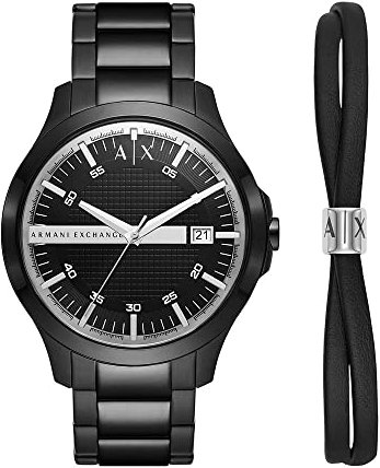 Armani Exchange Uhr für Herren , DreizeigerDatumswerk, 46mm Schwarzes Edelstahlgehäuse mit Edelstahlarmband, AX7134SET