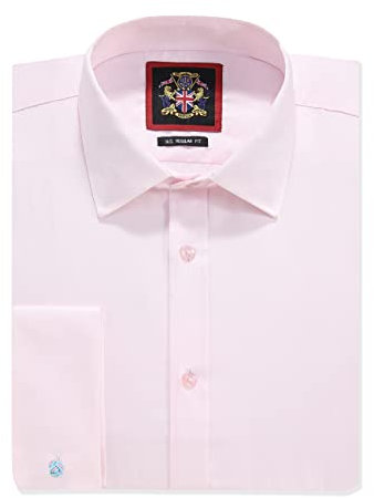 Chemise unie pour homme, manches longues, double manchette française avec boutons de manchette inclus, coupe droite, 14 couleurs, chemise de travail de mariage par Janeo British Apparel., rose, 46
