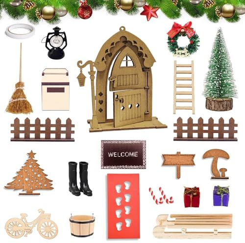 TUIBEIDAMAI 18pcs Kit Porta Elfo Natale,Porta dell Elfo di Natale,Porta Elfo Natale Legno,Porta Elfo Babbo Natale,casetta Elfo Accessori,casa dell Elfo di Natale,gnomi Porta delle Fate Natale.